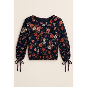 Moa Moa Women’s Floral Blouse Navy Blue Red Long Sleeve Tie Cuffs Size Medium